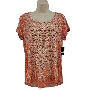 Lucky Brand Shirt Womens Large Orange Boho Paisley Print Scoop Neck Top